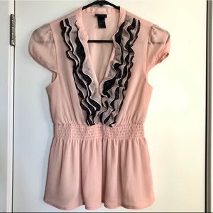 H&M salmon Pink black lace ruffle blouse with cap sleeves